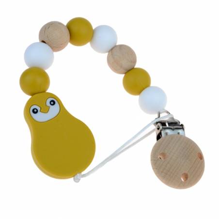 Attache Sucette Silicone Blanc Bois Ocre