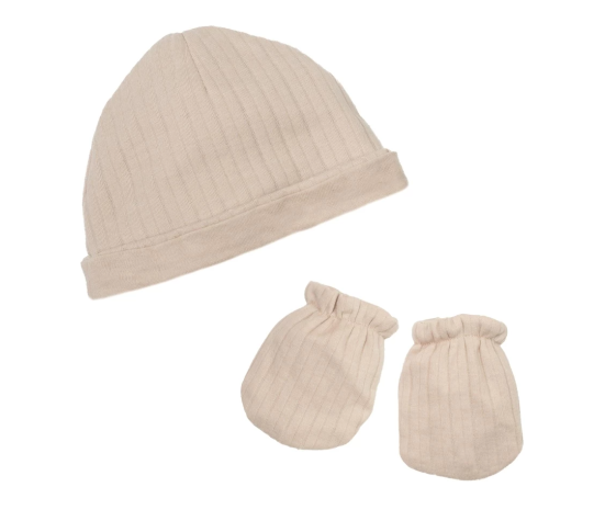 Bonnet et moufles naissance Sable – Trois Kilos Sept